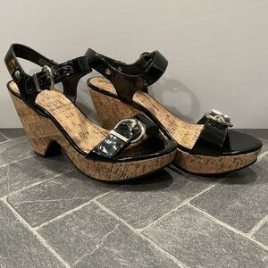 Sbicca Bethany Black Synthetic Ankle Strap Cork Heel Sandal Size 8.5